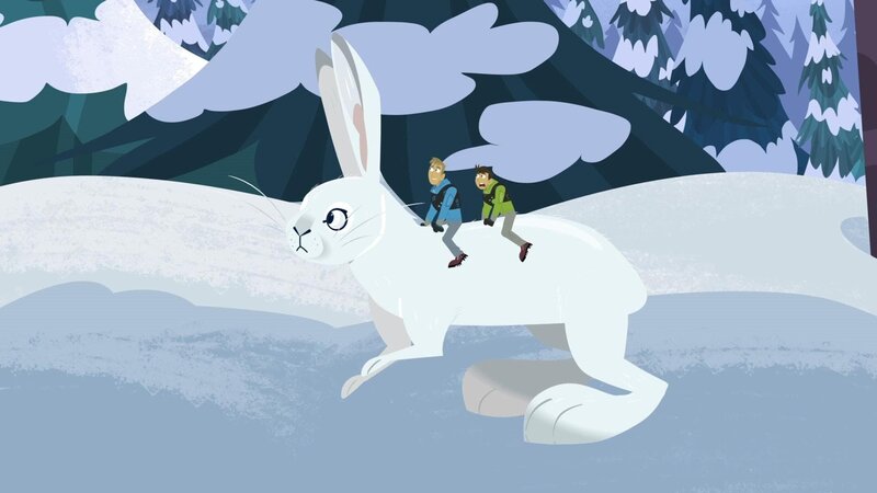 Nachdem sich Chris und Martin geschrumpft haben, machen sie sich mit dem Schneeschuhhasen auf die Suche nach den Borstenkaninchen. – Bild: SUPER RTL