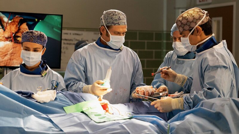 Arbeiten in Ruhe: Caterina Scorsone als Dr. Amelia Shepherd (l.), Chris Carmack als Dr. Atticus Lincoln (2.v.l.), Alex Landi als Dr. Nico Kim (r.) – Bild: SRF/​ABC Studios