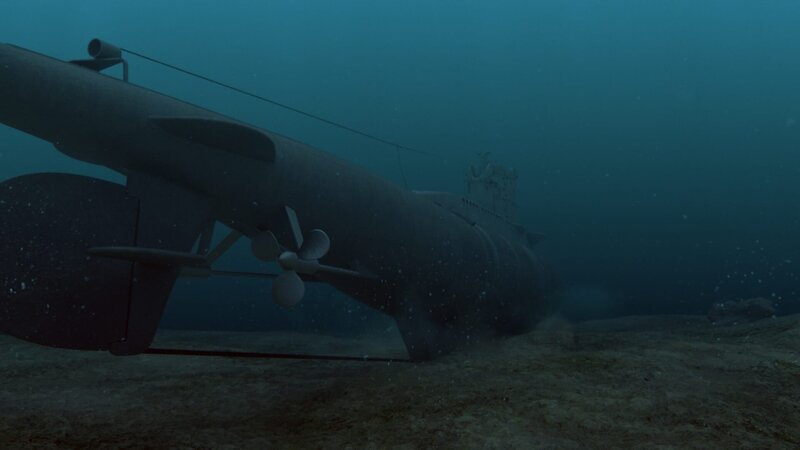 Die HMS Starfish lässt sich auf dem Meeresgrund nieder, um Reparaturen durchzuführen und sich vor einem deutschen Minensuchboot zu verstecken. – Bild: The National Geographic Channel