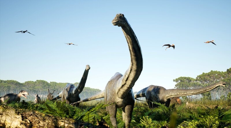 Vor 150 Millionen Jahren herrschten im Jura die langhalsigen Sauropoden. – Bild: phoenix/​BBC Studios/​A.A Studios Graphics