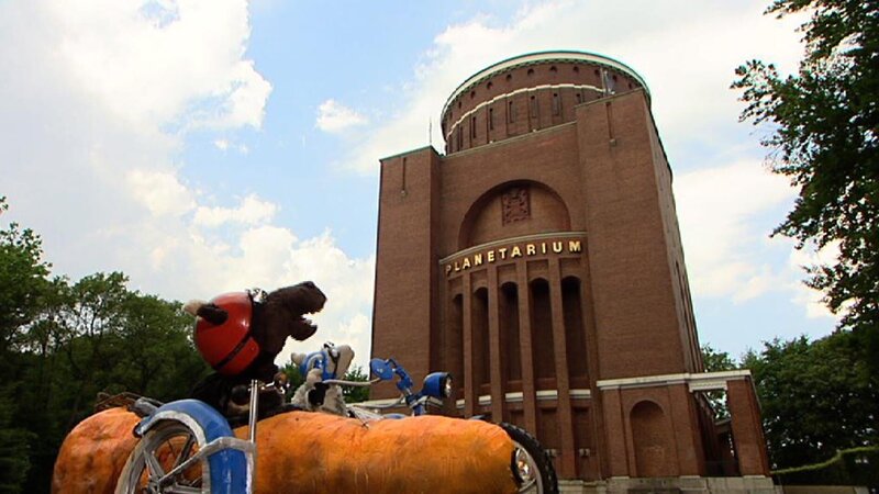 Wolle weiß, wo man auch tagsüber einen Sternenhimmel bestaunen kann: Im Planetarium. Und wer weiß, vielleicht sieht Pferd ja dort auch eine Sternschnuppe? – Bild: NDR/​Studio Hamburg