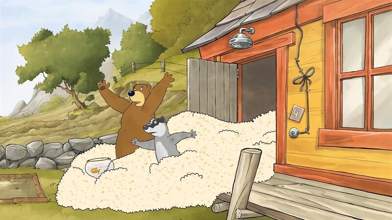 Als Dachs und Dr. Brumm die Tür öffnen, kommen riesige Mengen Popcorn nach draußen. – Bild: rbb/​WunderWerk/​TRIKK 17