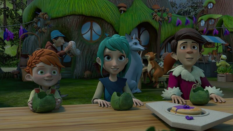 Nach all dem Schrecken und Regen, können Yuki (links), Glyn (Mitte), Tipsar (rechts) und die restliche Bevölkerung von Frondosa endlich ausgelassen feiern. – Bild: ZDF