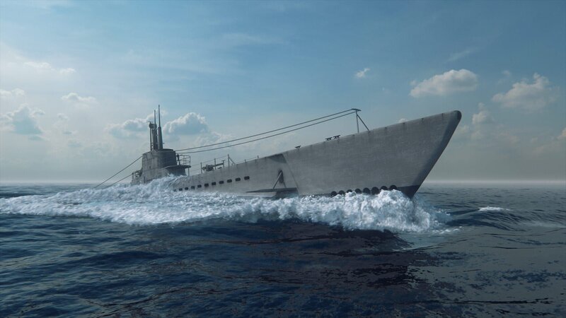 Ein computergeneriertes Bild zeigt das amerikanische U-Boot USS Batfish beim Auftauchen am Tage. (Pacific Fleet II Productions, Inc.) – Bild: Pacific Fleet II Productions, Inc. /​ Pacific Fleet II Productions, Inc.