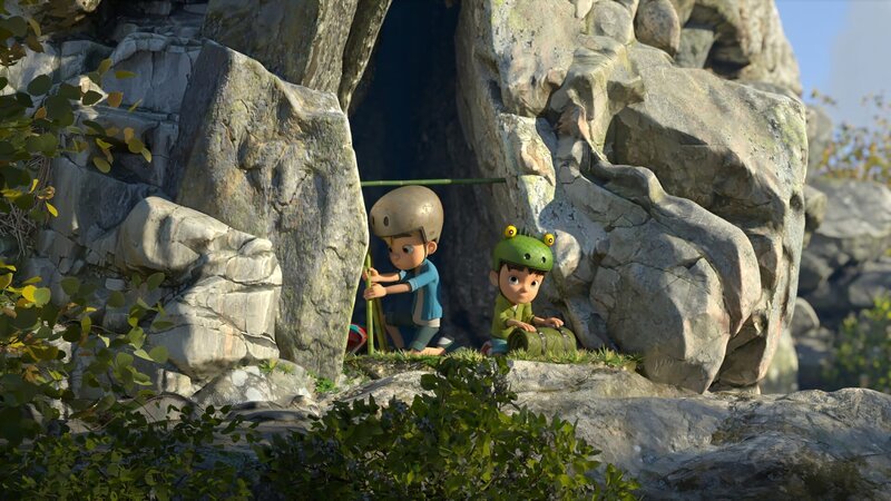 Raphael hat Kleiner Fuß einen geheimen Platz auf dem großen Felsen gezeigt, den die beiden nett herrichten wollen. – Bild: ZDF/​La Station Animation