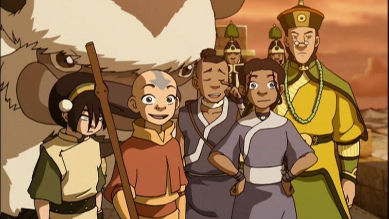Aang (2.v.l.), Sokka (m.) – Bild: PLURIMEDIA (Nickelodeon Productions)
