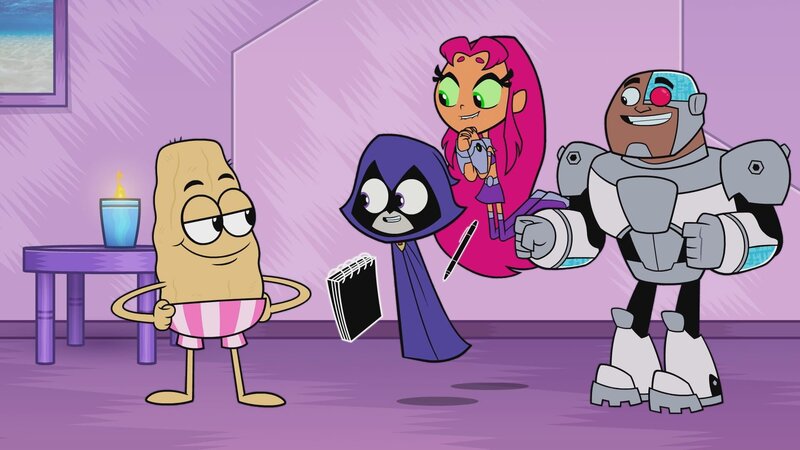 Raven (2.v.l.), Starfire (2.v.r.), Cyborg (r.) – Bild: Warner Bros. Entertainment Inc.