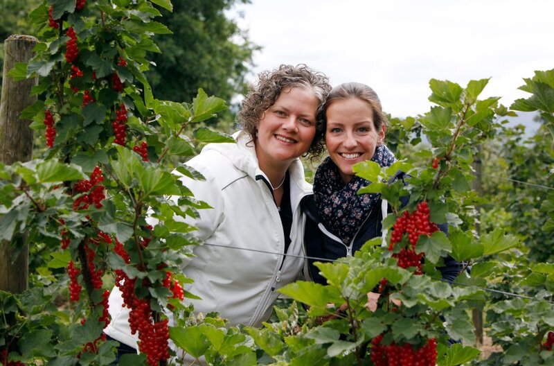 Mitten im Johannisbeeren-Feld: v.li. Ina Lichtenthäler und Jessica Schönfeld. – Bild: SWR/​megaherz/​Anne Deiß