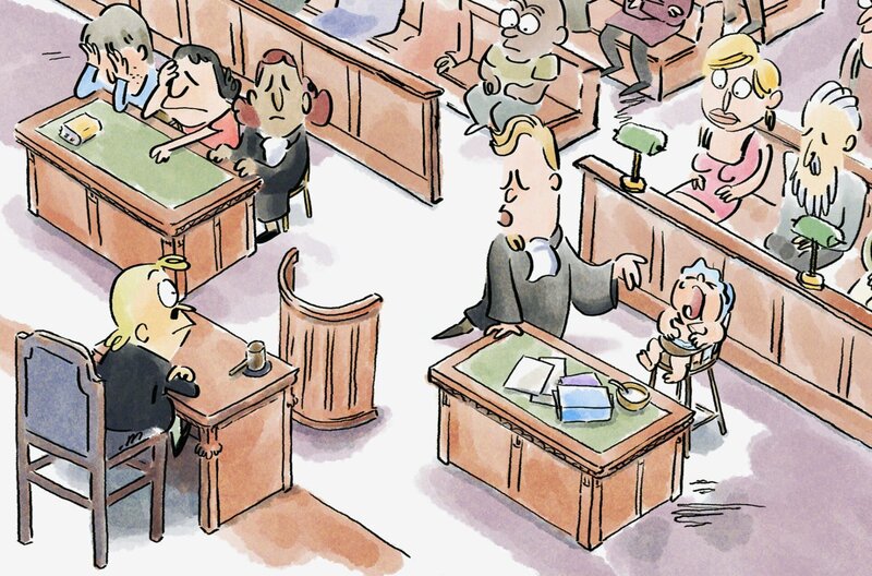 In einem Gerichtsprozess will Professor Schnauzbart aufdecken, warum menschliche Babys versuchen, ihre Eltern in den Wahnsinn zu treiben. – Bild: Folimage/​Ex Nihilo