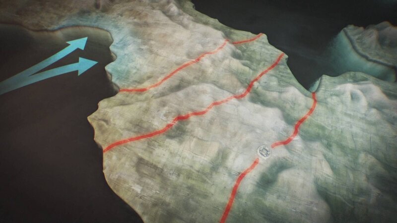 Graphic showing Yahara’s plans to defend Okinawa. He thought the Americans were most likely to land on the beaches to the North, so he sets out his defenses in a series of lines spanning the islands, ending with the main Shuri-Line to the South. (Photo credit: DSP) – Bild: Copyright © The National Geographic Channel.