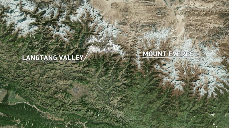 Karte von Nepal mit der Lage des Dorfes Langtang und des Mount Everest. (National Geographic) – Bild: The National Geographic Channel Karte von Nepal mit der Lage des Dorfes Langtang und des Mount Everest. (National Geographic) – Bild: The National Geographic Channel