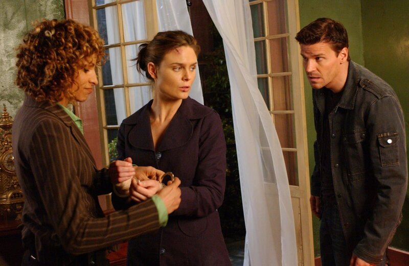 Detective Harding (Michelle Hurd, l.); Dr. Brennan (Emily Deschanel, M.); Booth (David Boreanaz, r.) – Bild: 2005 FOX BROADCASTING COMPANY /​ Michael Yarish Lizenzbild frei
