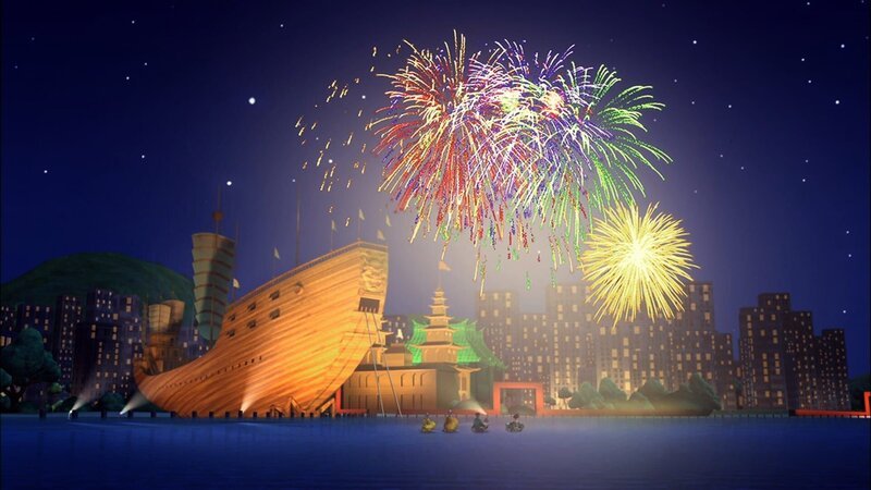 Timmy, Bess, Skid und Scout bestaunen ein Feuerwerk, das anlässlich der Eröffnung des neuen chinesischen Meeresmuseums in die Luft geschossen wird. – Bild: KI.KA/​Mike Young Productions