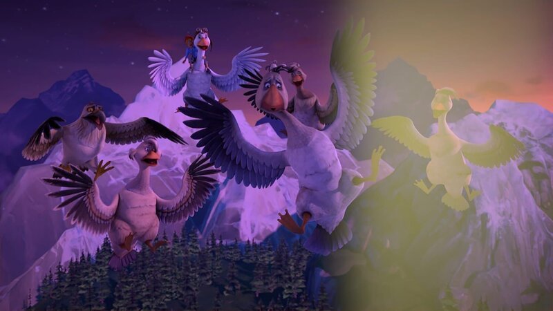 Die Gänseschar wird beim Fliegen von einer Gruppe Jäger überrascht, die auf sie zielen. – Bild: BR/​Studio 100 Animation/​Studio 100 NV