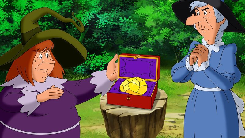 Walpurgia und Mania wachen über den wertvollen Goldhexstein, der für das große Finale auf der Walpurgisnacht zum Einsatz kommen soll. – Bild: ZDF