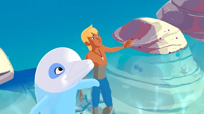 Zoom, der weiße Delfin, und sein bester Freund Yann. Die beiden freuen sich, weil sie Yanns kleine Schwester Marina entdeckt haben. – Bild: ZDF