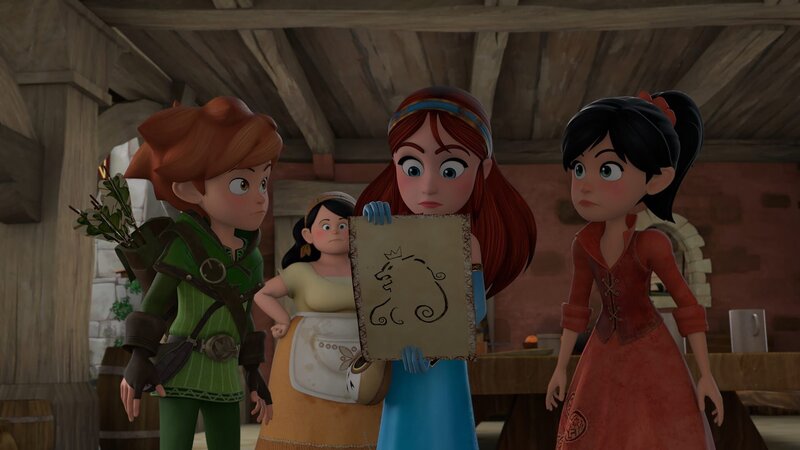 Marian (2.v.re.) steht vor einem Rätsel. Was bedeutet das Zeichen, das sie in der Küche gefunden haben? – Bild: ZDF