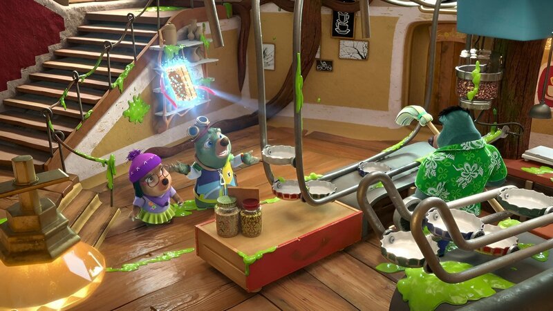 Moley und Dotty rätseln, was in Lesters Café passiert sein könnte. Irgendwer oder irgendetwas hat ekligen, grünen Schleim hinterlassen. – Bild: ZDF/​Two Daughters Entertainment Ltd