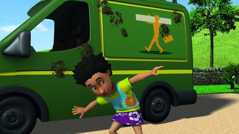 Mandy duckt sich vor Normans Schlammangriffen. – Bild: KiKA/​2011 Prism Art & Design Limited