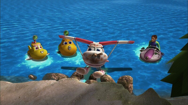 Wasserflugzeug Suzie ist durch einen Sturm beschädigt worden und wird von Taucher Tom, Skid, Timmy und Bess gerettet. – Bild: KI.KA/​Mike Young Productions