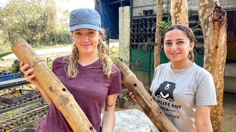 Nina und Sandhi basteln Beschäftigungsspielzeug für die Lippenbären, die in der Rettungsstation leben. – Bild: BR/​Text und Bild Medienproduktion GmbH & Co. KG/​Marcella Müller