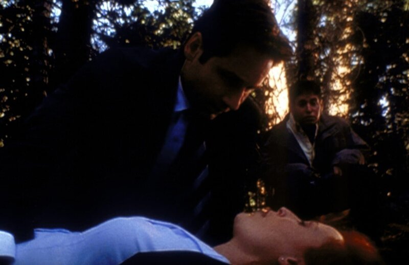 Mulder (David Duchovny, l.) und Richie (Judd Trichter, r.) kümmern sich um Scully (Gillian Anderson, M.), die auf der Suche nach einem Ufo ohnmächtig geworden ist. – Bild: Twentieth Century Fox Film Corporation