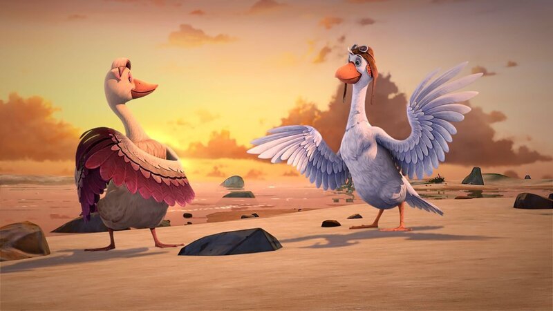 Mit der Muschel im Ohr fühlt sich Martin sicher. Nils flüstert ihm zu, was er zu Daunenfein sagen soll. – Bild: BR/​Studio 100 Animation/​Studio 100 NV