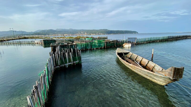 In der Lagune vor Lefkada-Stadt, auf der Ionsichen Insel Lefkada, haben die Fischer der Gemeinde ein ausgeklügeltes Reusensystem errichtet. – Bild: NDR/​nonfictionplanet/​Till Lehmann
