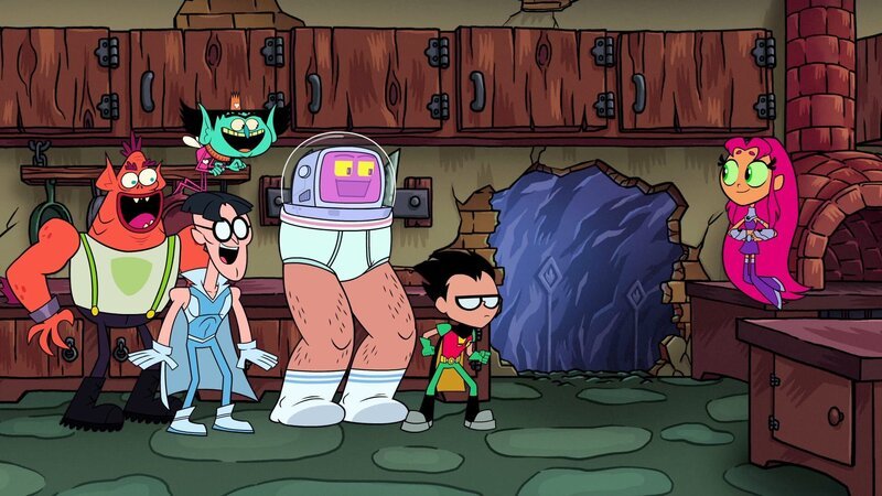 v.li.: Freak, Folding Paper Man, Tooth Fairy, 50% Chad, Platz, Robin, Starfire – Bild: Warner Bros. Entertainment Inc.
