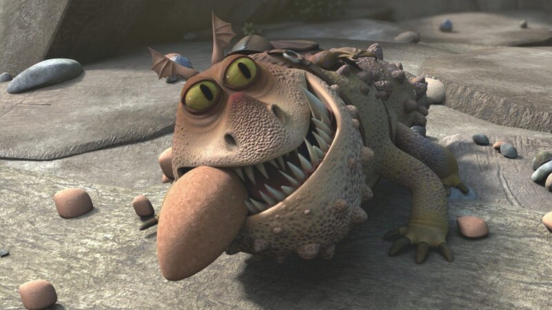 Fischbein und sein Gronckel-Drache Fleischklops müssen sich nach der Niederlage bei der Verfolgungsjagd als Wächter der Insel verdingen. Beide sind darüber nicht gerade glücklich und Fleischklops frisst deshalb Felsgestein. – Bild: SUPER RTL