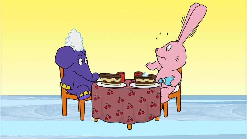 Hase und Elefant lieben Kuchen mit Sahne. – Bild: WDR/​Trickstudio Lutterbeck