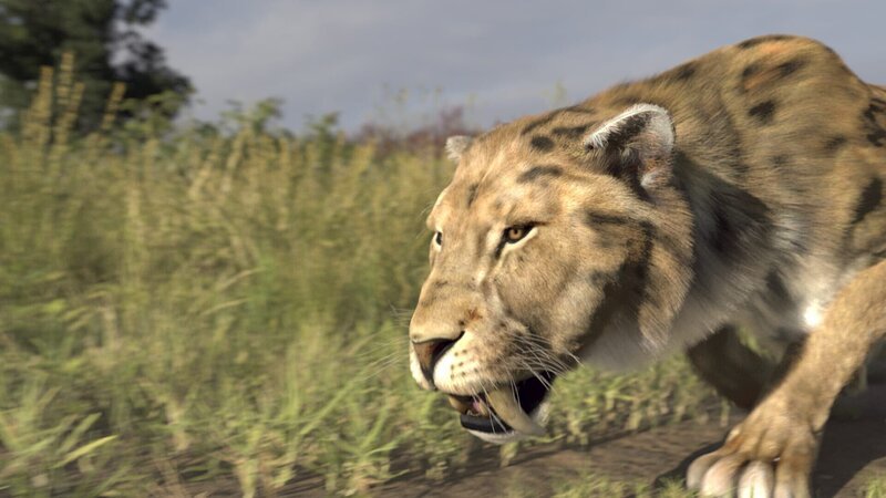 Ein computergeneriertes Bild aus der Episode „Die Geheimnisse des Säbelzahntigers“ zeigt einen Säbelzahntiger. – Bild: National Geographic /​ Disney