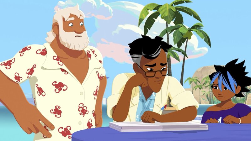 Onkel Patrick (l.), Nino (M.) und Maimiti (r.) beraten, wie sie an Geld für die Entwicklung eines medizinischen Gerätes kommen können. – Bild: Media Valley/​Marzipan Films /​ ZDF