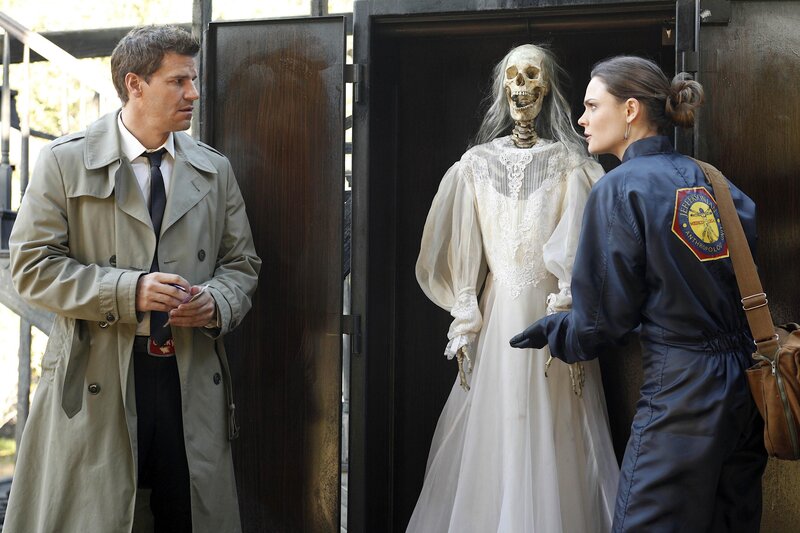 Booth (David Boreanaz, L) and Brennan (Emily Deschanel, R) examine a skeleton – Bild: TV25