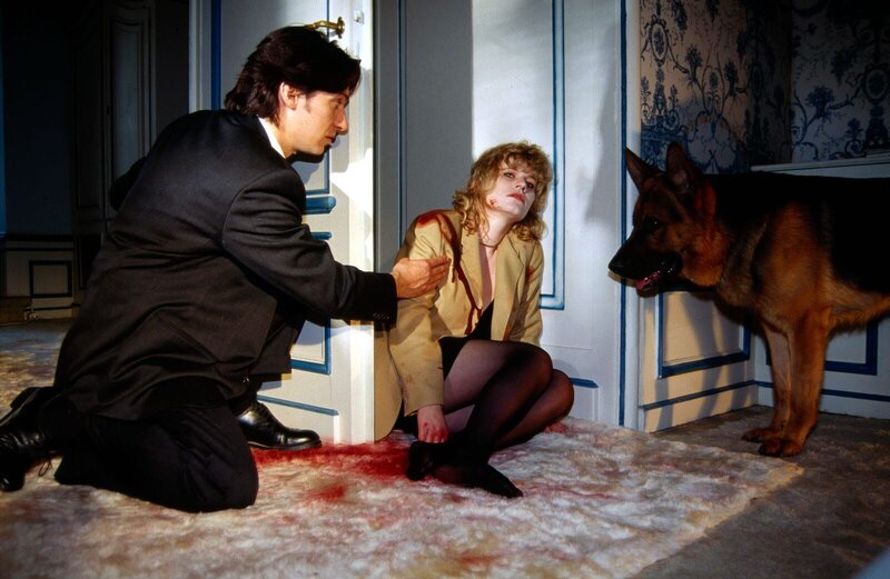 Die junge Sylvia Hohenberg (Anne Kasprik, r.) liegt verletzt am Boden. Ihr HIV-infizierter Freund Stefan Lanz hat sie zusammengeschlagen und will sich auch an den anderen Mitgliedern der Clique, mit denen er die Gruppensex-Wochenenden verbracht hat, rächen. – Bild: SAT.1 /​ Ali Schafler