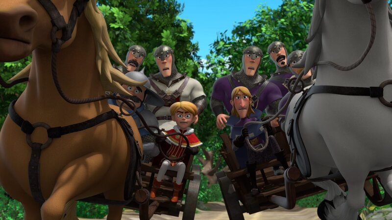 Prinz John (4.v.li.) und Baron Fitzwalter (4.v.re.) wollen beide die Belohnung für den entflogenen Papagei von Lord Gutfred einheimsen. – Bild: ZDF