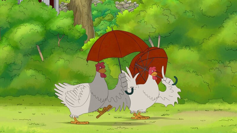 Die Sonne scheint so heiß, dass sich die Hühner mit Sonnenschirmen schützen müssen. – Bild: ZDF