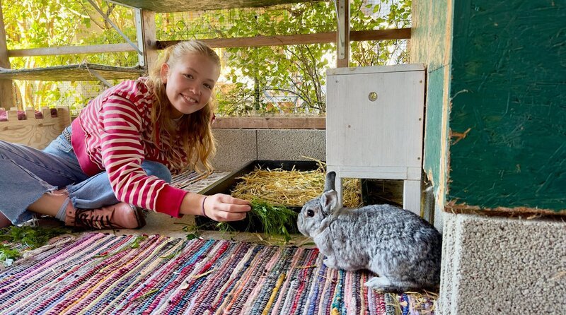 Blümchen ist das scheuste Kaninchen der Gruppe. Aber mit ein bisschen Futter schafft Nina es, es anzulocken. – Bild: BR/​Text und Bild Medienproduktion GmbH & Co. KG/​Katharina Brackmann