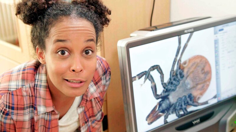 Pia bestaunt eine Zecke – 200-fach vergrößert. Bei dieser Zeckenart handelt es sich um einen Holzbock. – Bild: BR/​TEXT + BILD Medienproduktion