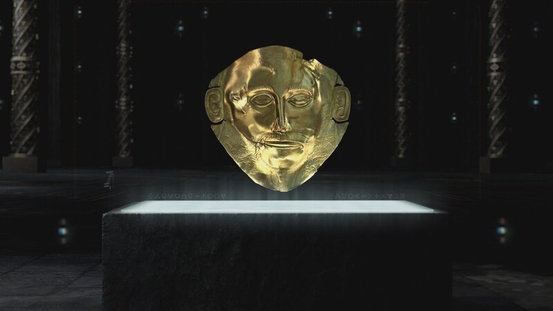 Jedes Detail der Totenmaske ist sorgfältig in die Oberfläche des Metalls eingearbeitet. Sie ist etwa 25 Zentimeter hoch, 17 Zentimeter breit und aus einer einzigen Goldplatte gefertigt.; Bildunterschrift: Jedes Detail der Totenmaske ist sorgfältig in die Oberfläche des Metalls eingearbeitet. Sie ist etwa 25 Zentimeter hoch, 17 Zentimeter breit und aus einer einzigen Goldplatte gefertigt. – Bild: N24 Doku