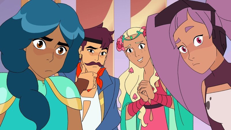 l-r: Mermista (voiced by Vella Lovell), Sea Hawk (voiced by Jordan Fisher), Perfuma (voiced by Genesis Rodriguez), Entrapta (voiced by Christine Woods – Bild: Mattel, Inc. /​ Classic Media