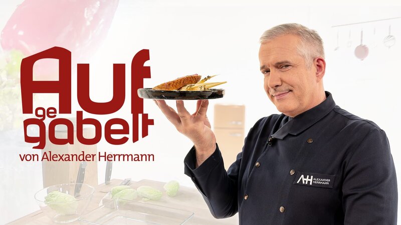 Key Visual Sendereihenbild mit Typo zu „Aufgegabelt von Alexander Herrmann“. Alexander Herrmann ist kreuz und quer durch Bayern unterwegs, um die besten Produkte und Schmankerl aufzugabeln. – Bild: BR/​Ralf Wilschewski