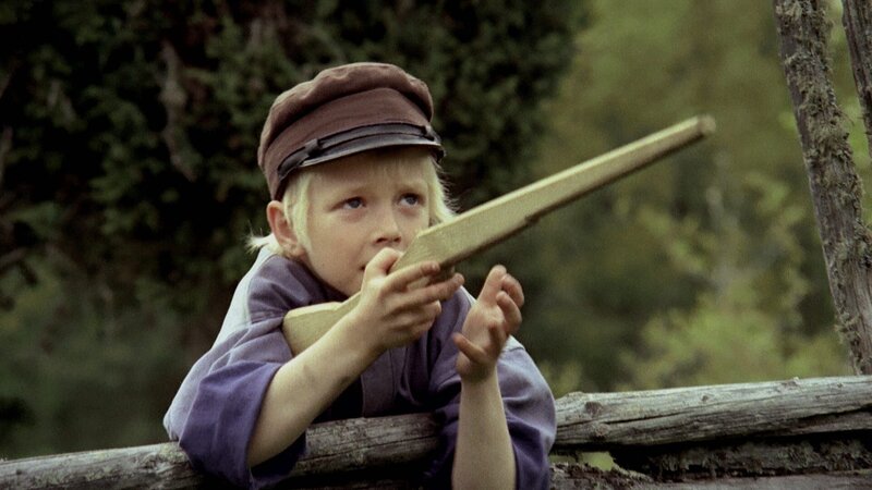 Zwei Sachen mag Michel (Jan Ohlsson) besonders gern: seine Mütze und das Holzgewehr, das Alfred ihm geschnitzt hat. – Bild: ZDF