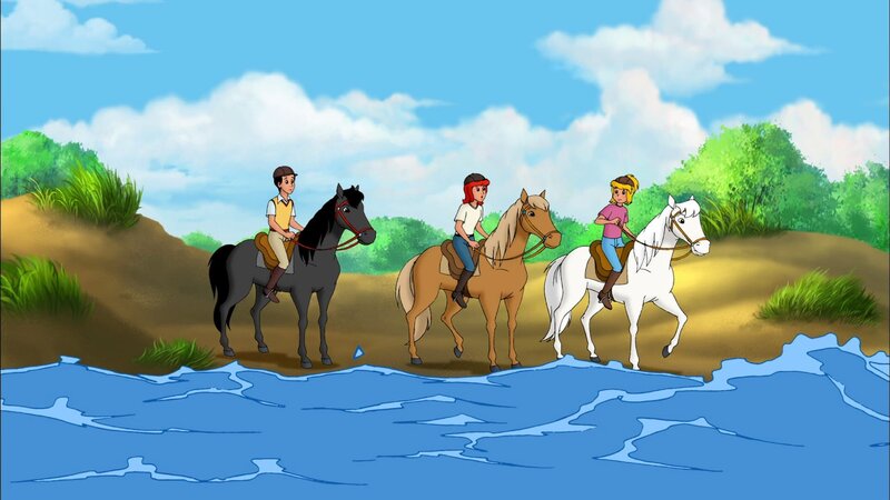 Bibi (r.), Tina (M.) und Alex (l.) staunen, wie schnell das Wasser bei Flut steigt. – Bild: ZDF