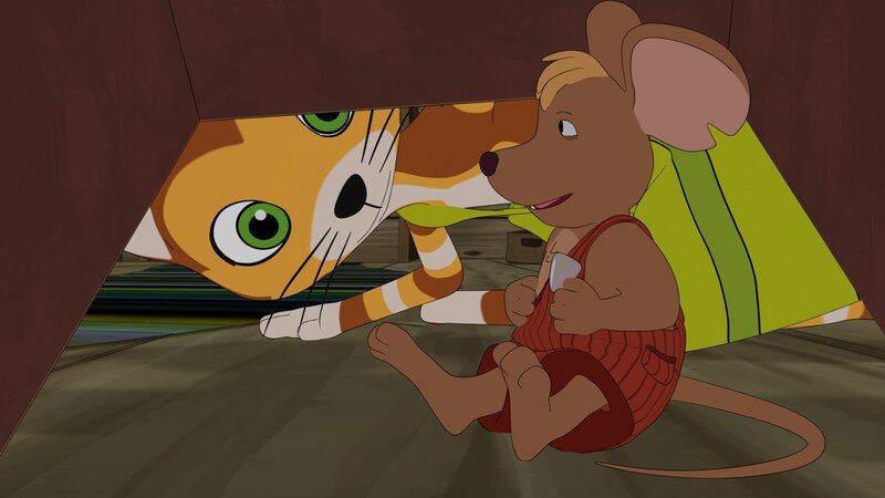 Findus hat mit einem Trick eine Maus gefangen. Die hat allerdings kein bisschen Angst vor ihm, sondern futtert entspannt weiter am Köder-Käse. – Bild: ZDF