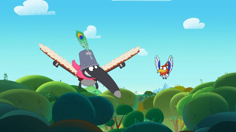 Bei seinem Rundflug trifft Wolf auf Piepling. – Bild: KiKA/​Samka Productions