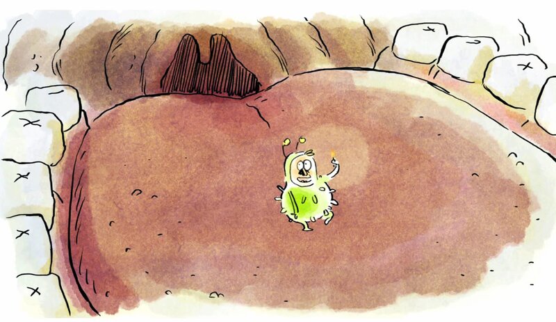 Professor Schnauzbart unterwegs in einem menschlichen Mund, in dem es vor Mikroben nur so wimmelt – Bild: Folimage/​Ex Nihilo