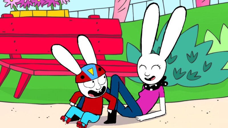 Auch Stürzen will gelernt sein! Dabei entdeckt Simon (l.) an Mamas (r.) Seite, dass Rollschuhfahren richtig Spaß machen kann, auch wenn man noch nicht perfekt fahren kann. – Bild: ZDF