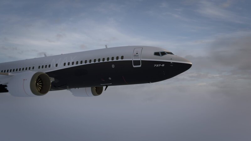 Eine Boeing 737 Max im Flug. (graphische Darstellung). – Bild: Adobe After Effects /​ BBC, Blink Films /​ BBC/​Blink Films/​Adobe After Effects