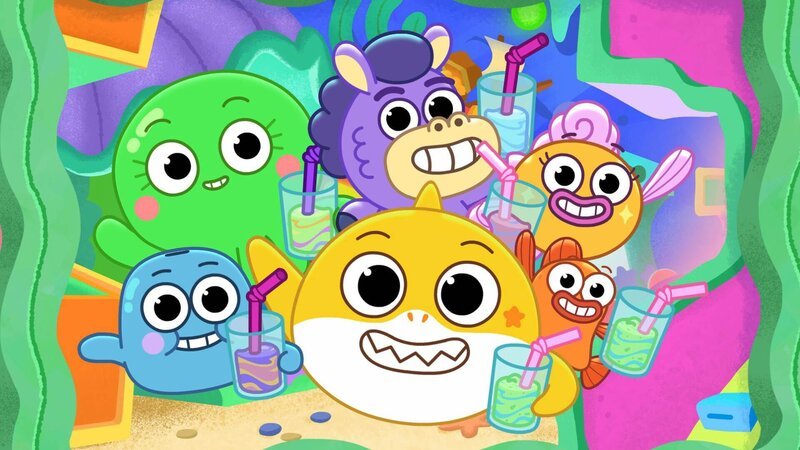 Oben, v.li.: Vola, Chucks, Goldie. Unten, v.li.: Hank, Baby Shark, William. – Bild: Paramount